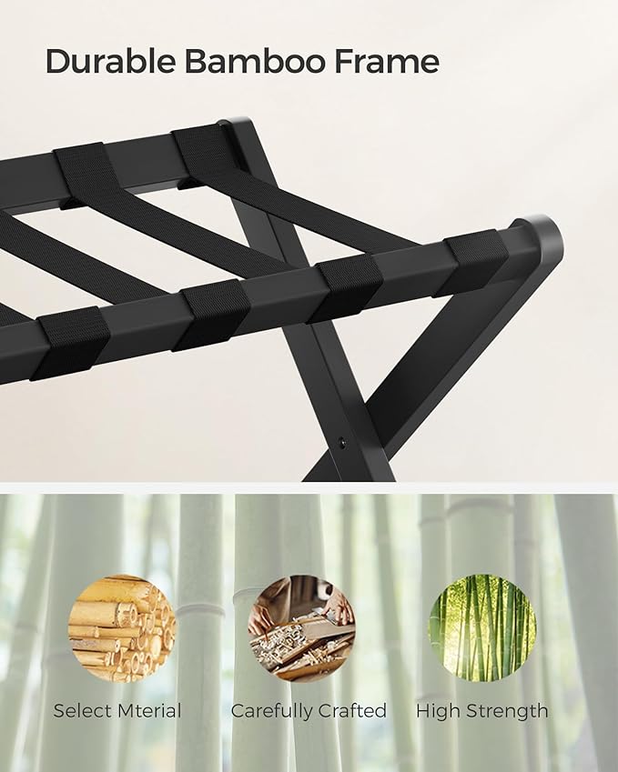 SONGMICS Luggage Rack, Folding Suitcase Stand with Storage Shelf, for Guest Room, Hotel, Bedroom, Heavy-Duty, Holds up to 131 lb, Classic Black URLR007B01 - Image 4