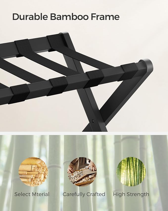 SONGMICS Bamboo Luggage Rack for Guest Room, Set of 2, Folding Suitcase Stand with Fabric Storage Shelf, for Hotel, Bedroom, Heavy-Duty, Holds up to 131 lb, Ink Black URLR007B02 - Image 4