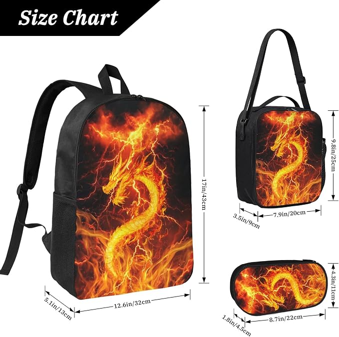 Dragon Kid Backpack Set with Lunch Bag & Pencil Case Large Capacity School Bag 17 Inch Bookbag for Boy Girl - Image 3