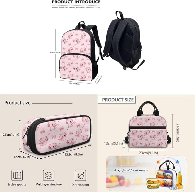 3Pcs Axolotl Bow Backpacks Set for school, Kids Bookbag Students Knapsack with Insulated Lunch Box Pencil Case for Teens Girls - Image 5