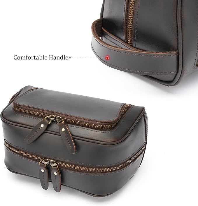Polare Vintage Full Grain Leather Handmade Travel Toiletry Bag for Men - Dopp Kit - Shaving Kit with YKK Metal Zippers A-Dark Brown - Image 5