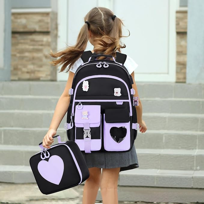 ACESAK Backpack for Girls - Bookbag Backpacks Schoolbag for Girls Kids Teen Women Casual Travel Daypacks - School Bag Elementary Middle School College Cute Backpack with Lunch Box (Purple Black) - Image 6