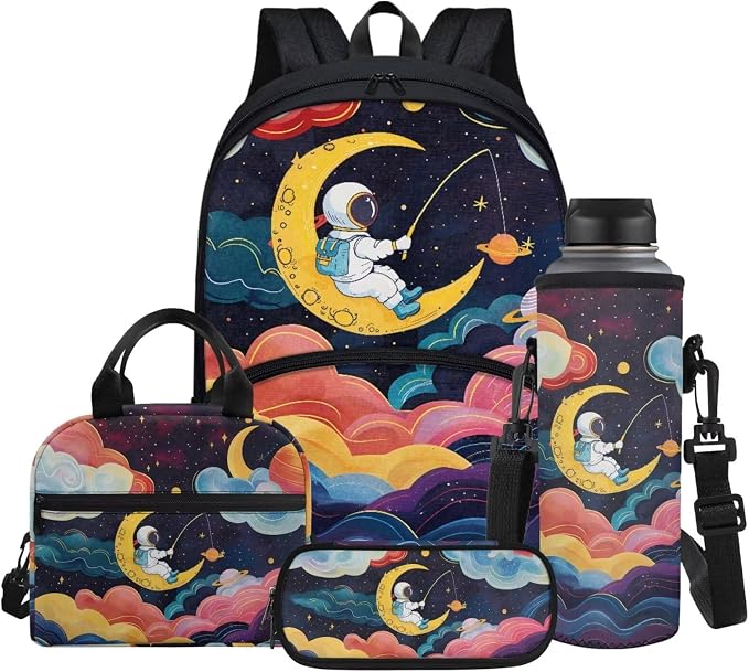 Cartoon Moon Astronaut Backpack for Boys Girls Back to School Shoulder Bookbags Set, Insulated Thermal Lunch Totes,Pencil Holder,Cooler Water Bottle Sleeve 4 in 1 by Glomenade