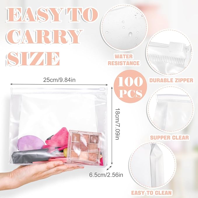Xuniea 100 Pcs Mini Clear Makeup Bag PVC Small Travel Toiletry Organizer Pouches Bulk Waterproof Transparent Plastic Cosmetic Bag with Zipper for Women Men Travel(9.8'') - Image 2