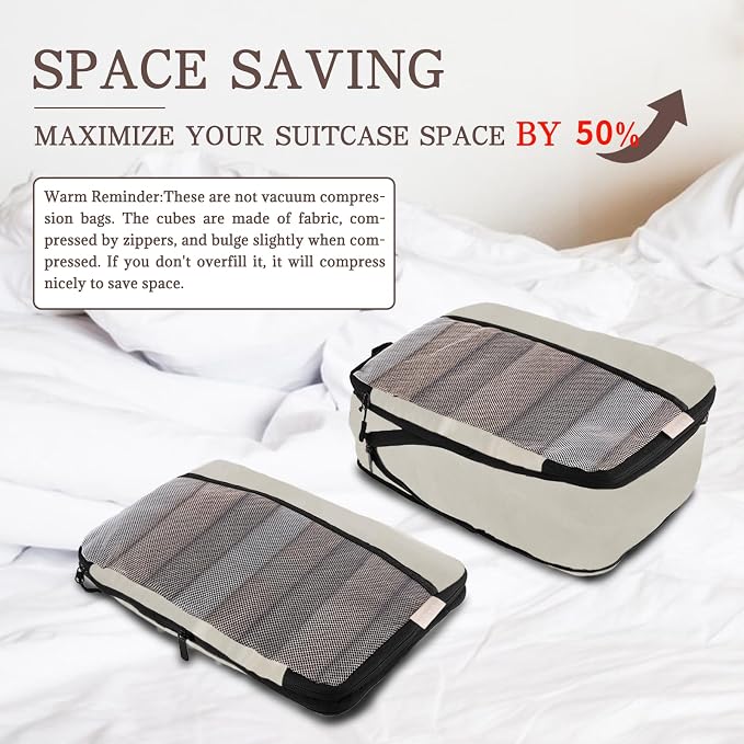 U+U 4 Set Compression Packing Cubes - Ultralight Cream Travel Organizers, Space-Saving Suitcase Organizer, Expandable Packing Cubes for Travel and Family Vacation (Cream) - Image 2