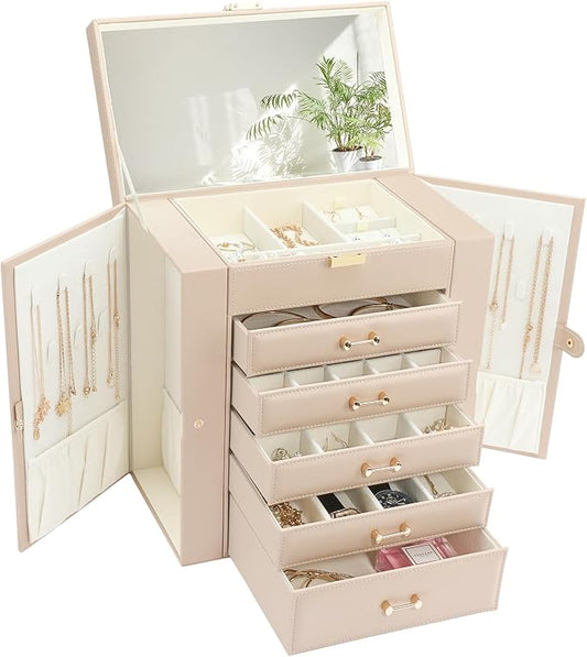 Large Jewelry Holder Organizer, 6 Layer Jewelry Box for Women Jewelry Storage Case With Handle, Gift for Christmas New Year, Apricot by V-LafuyJewelryBox