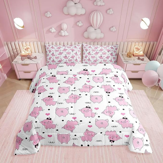 Erosebridal Pink Pig Comforter Set for Girls Kawaii Room Decor Full,Cute Pigs Bedding Set for Kids Boys Children Farm Animal Quilted Duvet Sets Cartoom Style Soft Lightweight Down Comforter 3 Pcs by Erosebridal