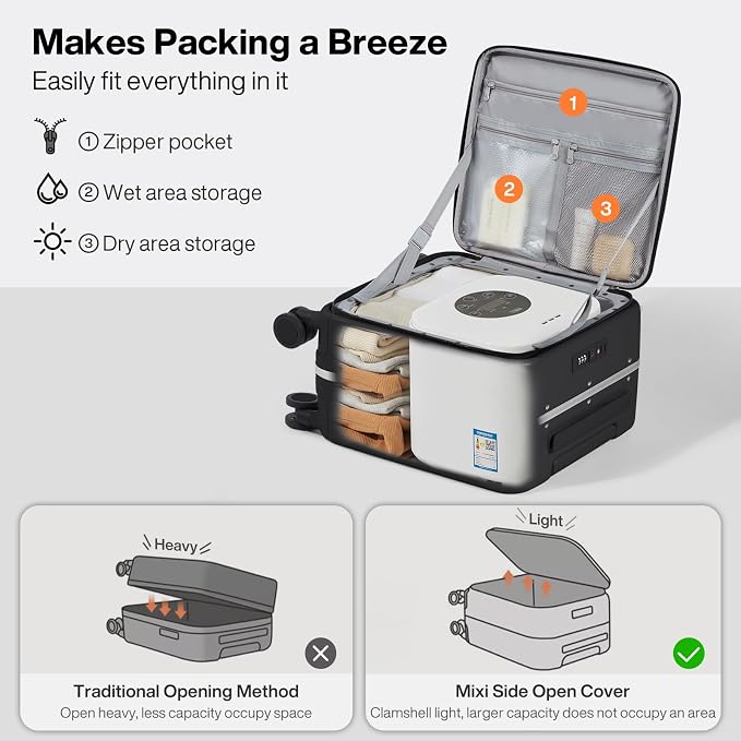 mixi 17x14x9 Carry On Luggage Underseat PC Hard Shell Suitcase Top Opening Aluminum Frame Travel Suitcases with Wheels, Black - Image 8