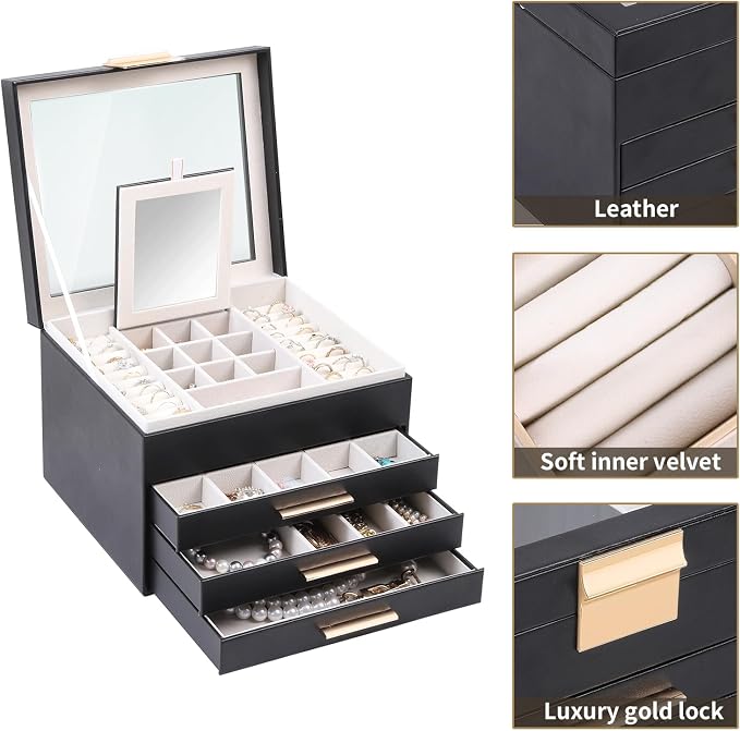 BOOVO Clear Lid Jewelry Box,3 Layers Jewelry Organizer Large Jewelry Storage Box with 2 Drawers,Jewelry Holder Organzier of Rings Earrings Necklace Bracelets for Women (Black, 4 Layer) - Image 2