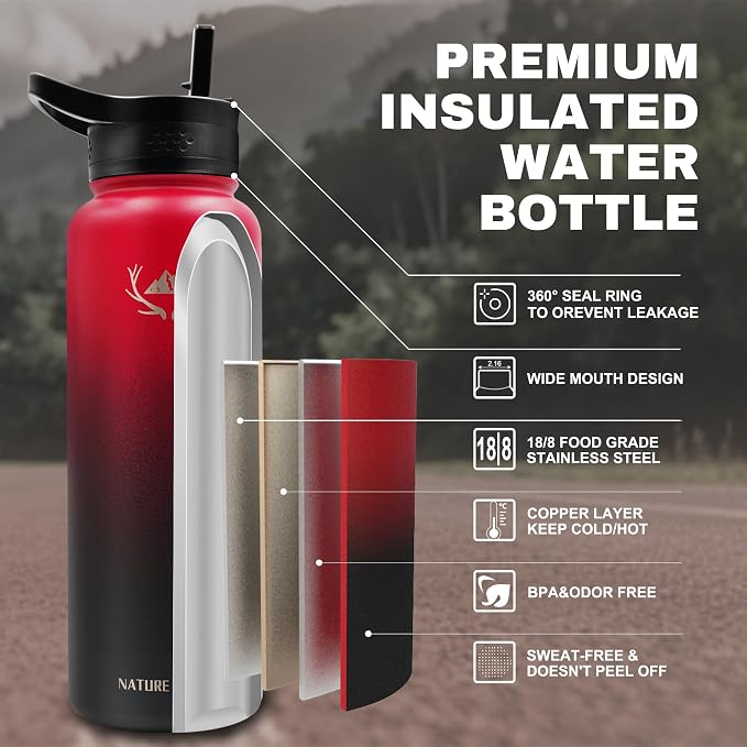NATURE PIONEOR 40 oz Insulated Water Bottle with Carrier Bag & 3 Lids | 18/8 Food-grade Stainless Steel, Double Vacuum Insulation, 3 Leak-proof Lids, Strap, Camping, Hiking, Gym, Work - Image 2