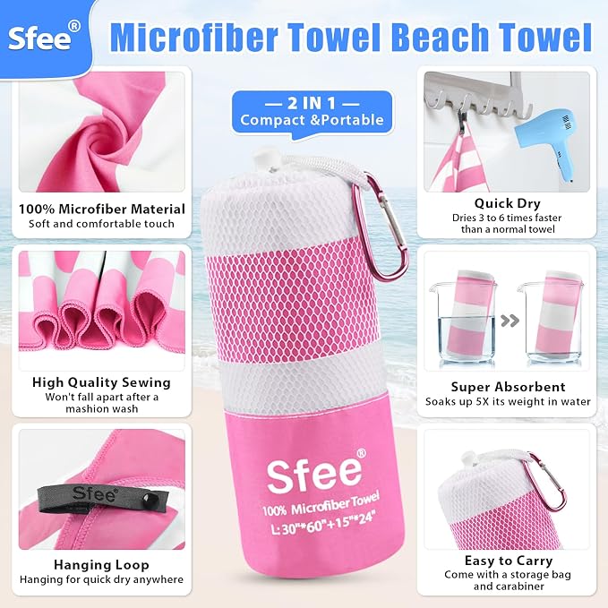 Sfee 2 in 1 Microfiber Beach Towel, Quick Dry Towel Camping Towel Travel Towel Super Absorbent Compact Lightweight Sports Gym Towels Set for Beach, Gym, Hiking, Pool, Backpacking, Bath, Yoga - Image 3