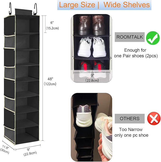 Large-Sized Hanging Shoe Organizer 8-Shelf, Hanging Closet Organizer with 8 Side Pockets, Wider Hanging Shelves for Storage Shoes Clothes 9" W × 11.8" D× 48" H, Black. - Image 3