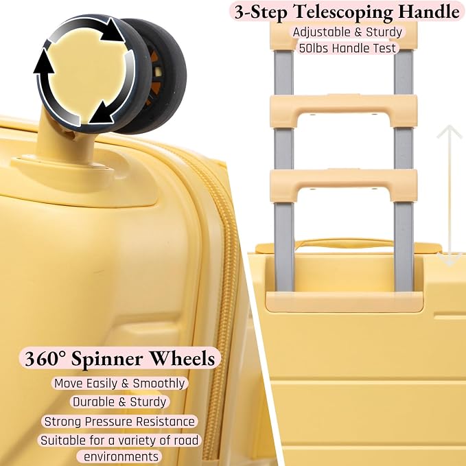 3-Piece ABS Spinner Luggage Set (20" 24" 28") with Combination Lock, Matching Hardshell Suitcases, Yellow - Image 4