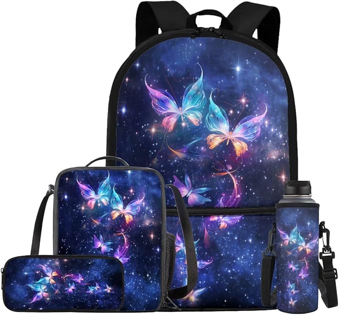 Galaxy Butterfly Backpack for Girls Kids Backpack with Lunch Box Water Bottle Carrier with Strap and Aesthetic Pencil Case 4PCS Set Bookbag with Front Pocket for School Teens 17" School Bag by ELEDIZI