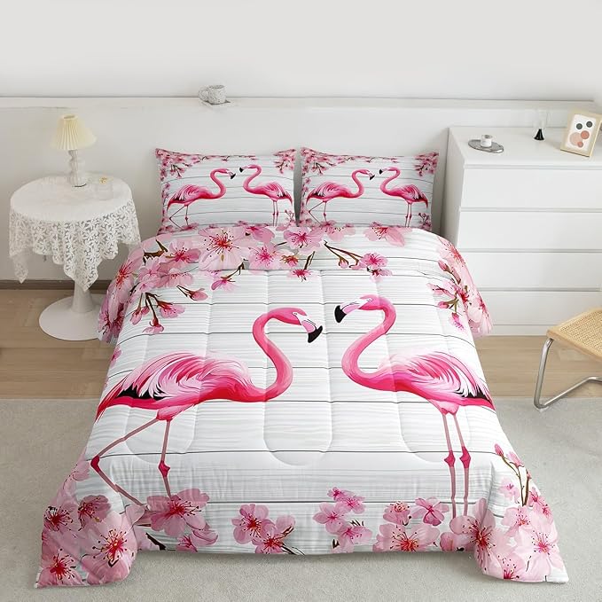 Erosebridal Flamingo Bedding Set King,Cherry Blossoms Comforter Set for Girls Boys Teens Women,Pink Tropical Bird Animal Comforter Flower Rustic Wooden Board Quilt Duvet Sets with 2 Pillow Cases - Image 2