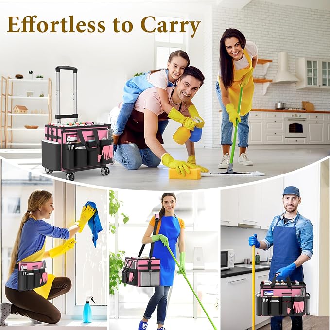 Cleaning Caddy with Wheels - Rolling Cleaning Caddy Bag with Detachable Trolley, Cleaning Caddy for Cleaning Supplies, Cleaning Bag for Housekeeping, Pink - Image 3