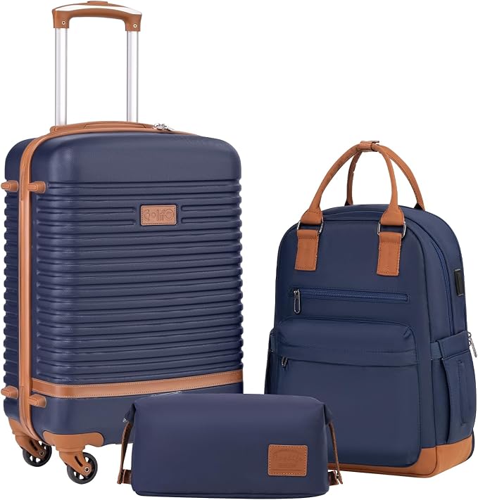 Coolife 3 Piece Luggage Carry On Suitcase Hardside TSA Lock,Navy(BP/TB/20) | 360° Spinner Wheels;Multi-Functional Pockets with USB;Smart Trolley Sleeve;Water-Resistant Fabric;Lightweight ABS by COOLIFE