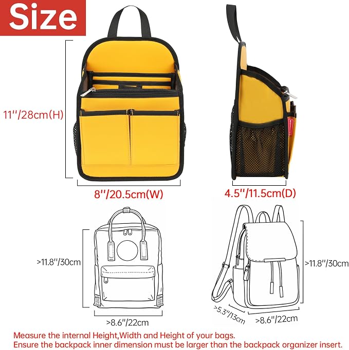 Mini Premium Rugged Backpack Purse Organizer Insert for Women Fashion Small Backpack-19 Pockets,Padded Water-repellent Nylon-Yellow - Image 5