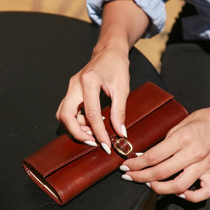 Time Resistance Leather Jewelry Roll - Full Grain Leather Travel Jewelry Case - Jewellery Organizer Made in Italy (Cognac Brown) - Image 2