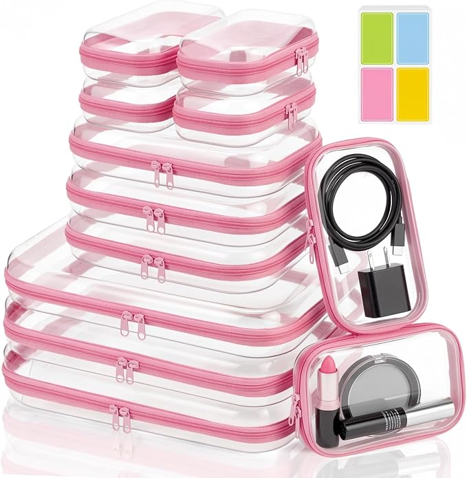 12 Pack Clear Hard Shell Zipper Case with 40 Labels, X-Large/Medium/Small Stackable Clear Pouches, Crush-resistant Travel Toiletry Bag Organizer for Makeup Board Games Electronics (Pink) - Image 8