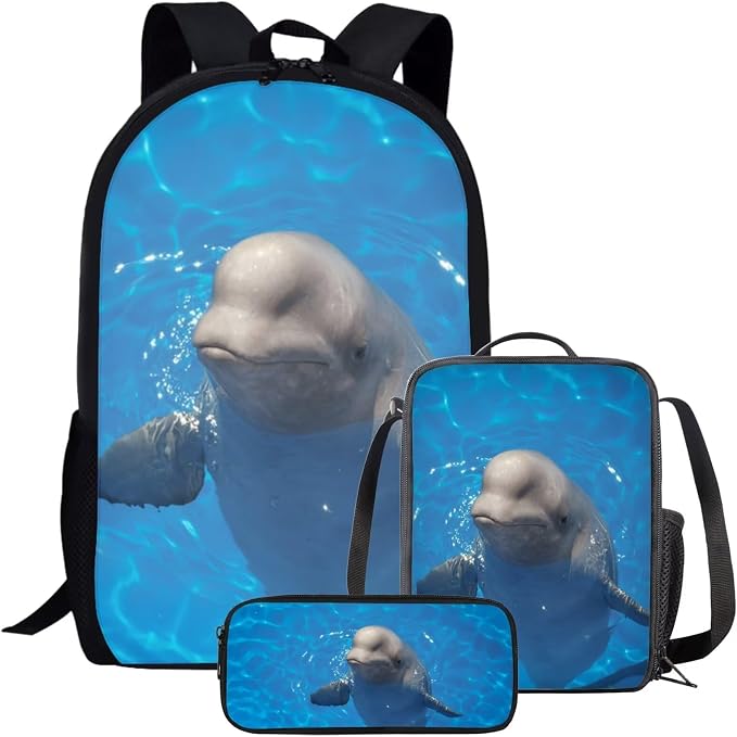 Girls Boys School Backpack with Lunch Box Pencil Case Comfy Padded Lightweight Beluga Whales Backpack Set Kids Cute Bookbag Insulated Lunch Bag Student Large Capacity Daypack 17 Inch by Parprinty