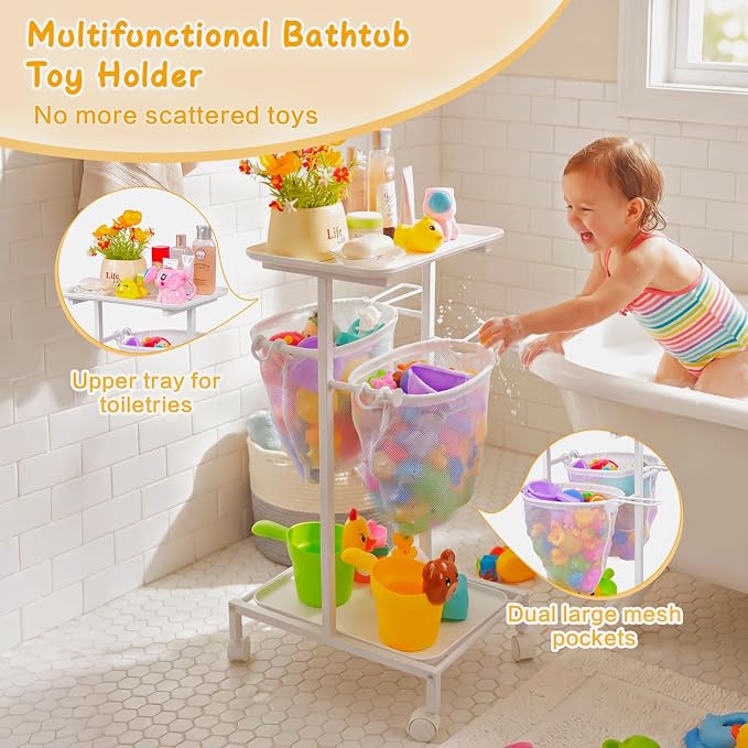 Bath Toy Storage Holder, Quick Drying Bathtub Toy Organizer with 2 Hanging Mesh Net and Shower Caddy, Large Bath Tub Toy Bin Easy Access, Freestanding Bathroom Toys Basket Cart for Toddler - Image 7