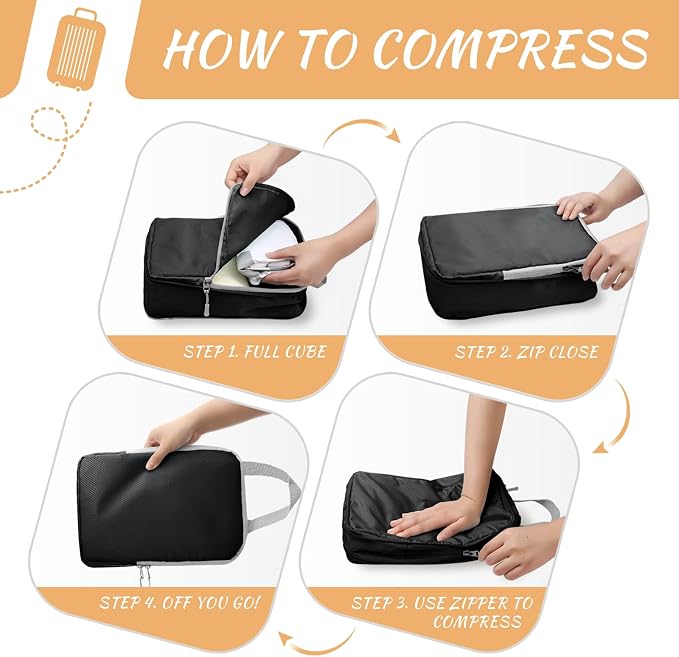 WOOMADA Compression Packing Cubes for Suitcases Travel Essentials 4 Set Expandable Travel Bags Organizer for Luggage(black) - Image 5