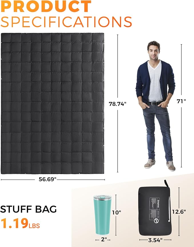 KingCamp Ultralight Camping Blanket, Packable Down Alternative Puffy Wearable Blankets Weatherproof Warm Package Quilt with Snap Buttons for Outdoor Hiking Travel Picnic Stadium (78.7" x 56.7", BLACK) - Image 3