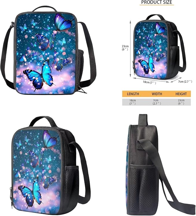 Butterfly Backpack for Girls Kids Backpack with Lunch Box Water Bottle Carrier with Strap and Aesthetic Pencil Case 4PCS Set Bookbag with Compartments for School Teens 17 inch Large School Bag - Image 5