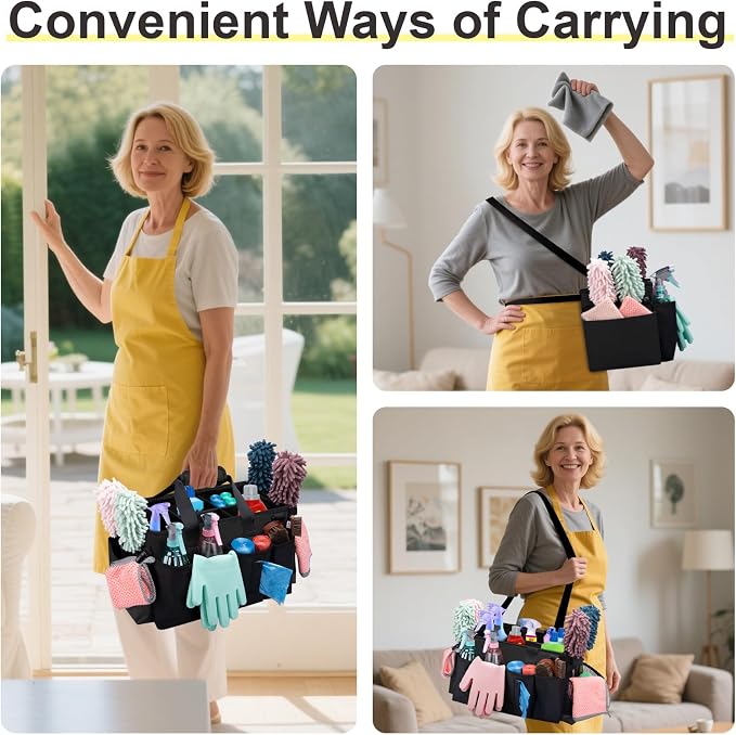 Wearable Large Cleaning Caddy Bag for Housekeeper, Clean Supply Organizer with Adjustable Shoulder, Waist & Handle Straps, Detailing Bag for Kitchen Supplies (Black) - Image 7