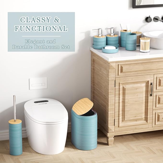 XLHOMO Light Blue Bathroom Set - 10PC Bathroom Accessories Set, Luxury Bathroom Accessory Set with Trash Can,Toilet Brush & 2 PC Soap Dispensers for Apartment Decor and Housewarming - Image 4