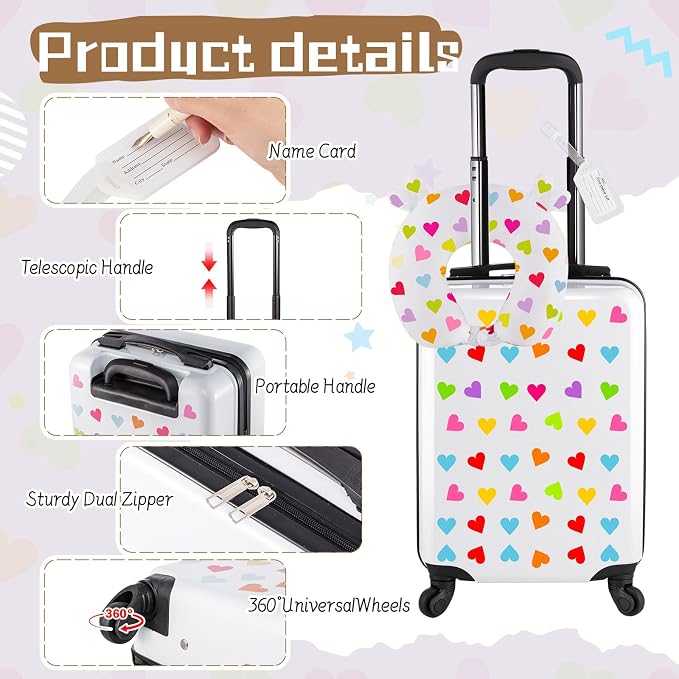 Sanwuta 4 Pcs Kids Luggage Set Back to School Gifts for Girls Boys Carry On Rolling Suitcase Backpack Neck Pillow Travel Set(17 Inch,Heart Style,White) - Image 4
