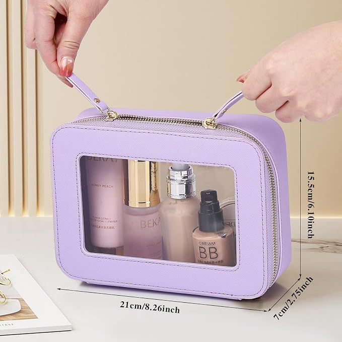 Clear Makeup Bag Women's Waterproof Travel Cosmetic Case and Toiletry Bag Portable Makeup Organizer Bag for Car with Zipper (Purple, M) - Image 3