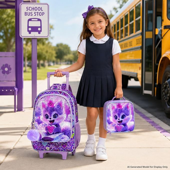 AGSDON 3PCS Rolling Backpack for Girls Boys, Kids Roller Wheels Bookbag, Wheeled School Bag with Lunch Bag - Image 8