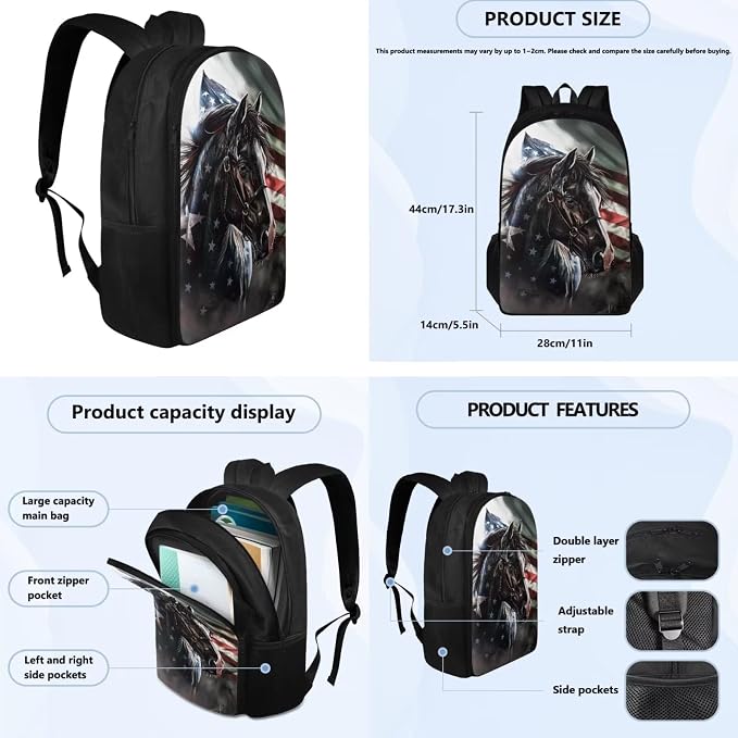 American Flag Horse Backpack for Boys Girls Backpack with Lunch Box Water Bottle Holder with Strap and Pencil Pouch 4PCS Bookbag with Compartments for School Teens 17 inch School Bag for Kids - Image 4