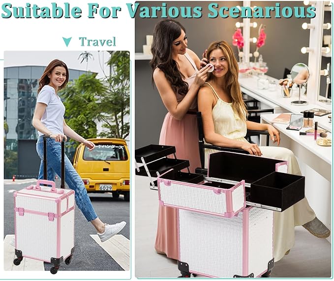Arous Rolling Train Makeup Case Cosmetology Case on Wheels, White | Cosmetic Travel Trolley 4 Tray with Sliding Rail Removable Middle Layer with Key Salon Barber Case Traveling Cart Trunk - Image 4
