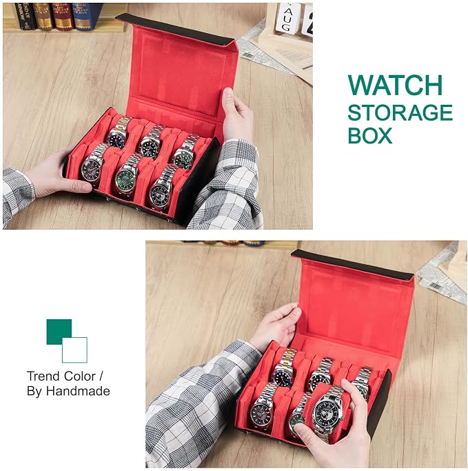 Hiram Genuine Leather Hexagon Watch Roll Travel Case, Leather 6-Watches Roll Case with Removable Pillow Cushion for Treasured Watches and Bracelets -Black Orange - Image 6