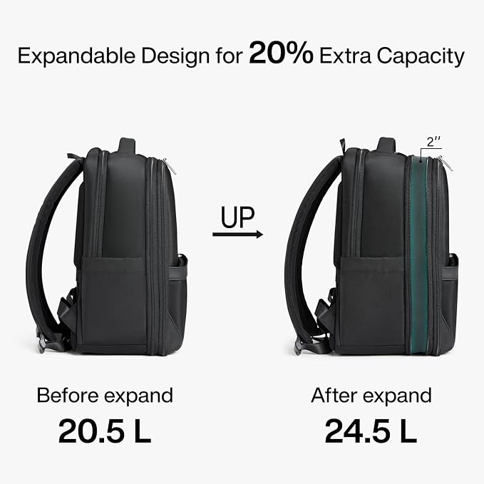 Hanke Expandable Travel Backpack 16 Inch, Full-Open Laptop Backpack, Black | Fits 15.6 Inch Laptop, Water-Resistant, Carry On Personal Item Bag, 20L-25L, Trolley Sleeve, Business Work Bag for Women Men - Image 4