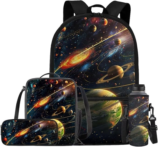 Galaxy Space Backpack for Boys Kids Backpack with Lunch Box Water Bottle Pouch and Big Pencil Case 4PCS Set Bookbag with Front Pocket 17" Sturdy School Bag for Girls Back to School Essentials by ELEDIZI