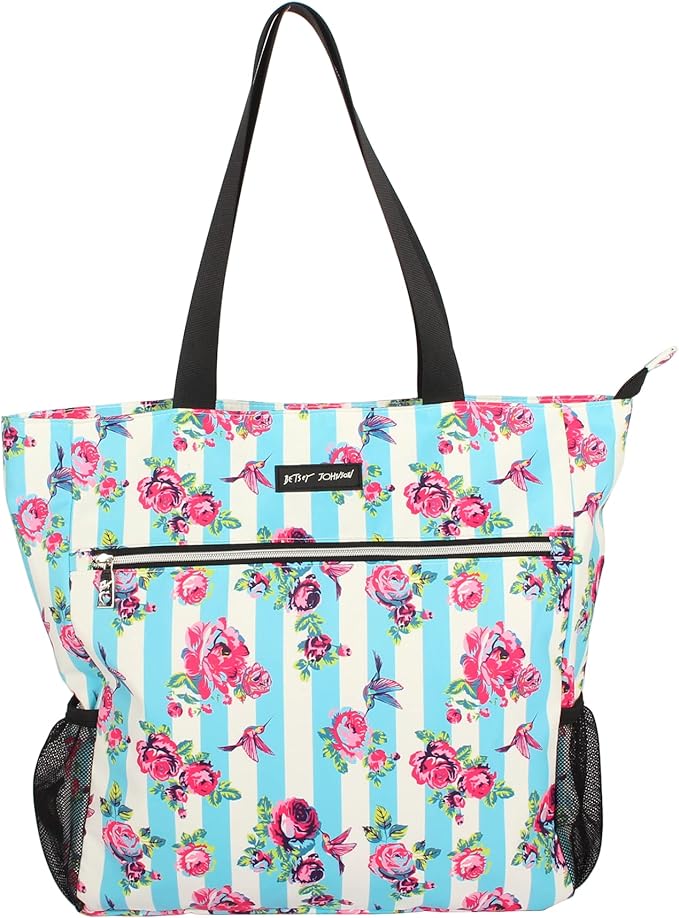 Betsey Johnson 15.6 Inch Zipper Beach Tote Bag Lightweight Large Durable Polyester with Mesh Side Pockets for Gym Work | 15.6 Inch by BETSEYJOHNSON