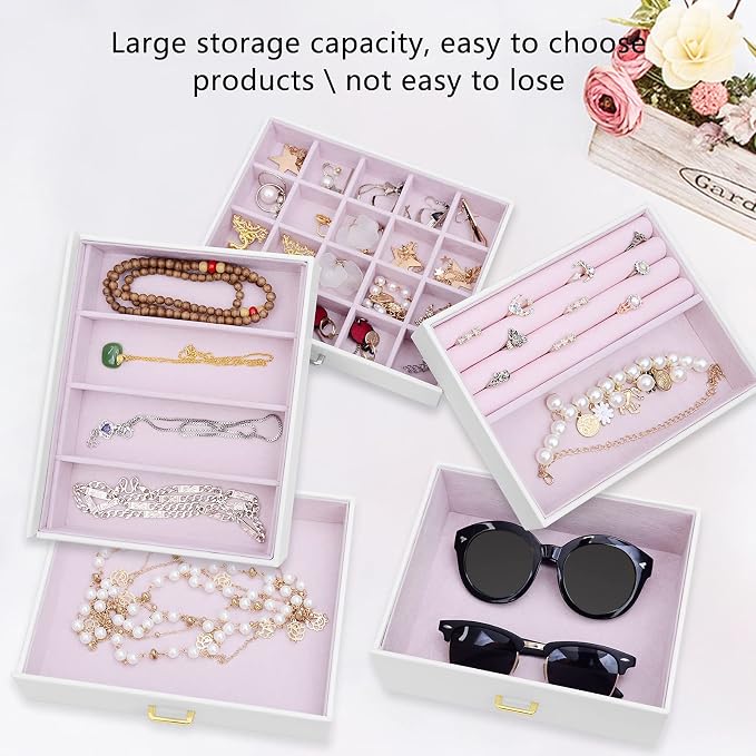 AKOZLIN 6-Tier Jewelry Box Organizer Functional 5 Drawers Leather Jewelry Storage Case for Women Girls Ring Necklace Earring Bracelet Holder Organizer with Mirror Extra Large White - Image 5