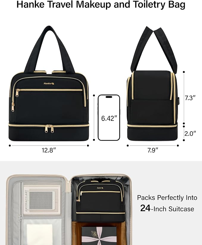 Hanke Travel Toiletry Bag, Lightweight Wide-open Large Toiletry Bags for Women, Dual-Layer Makeup Bag Water-Resistant Cosmetic Travel Bag with Handle for Accessories, Essentials, Black - Image 6