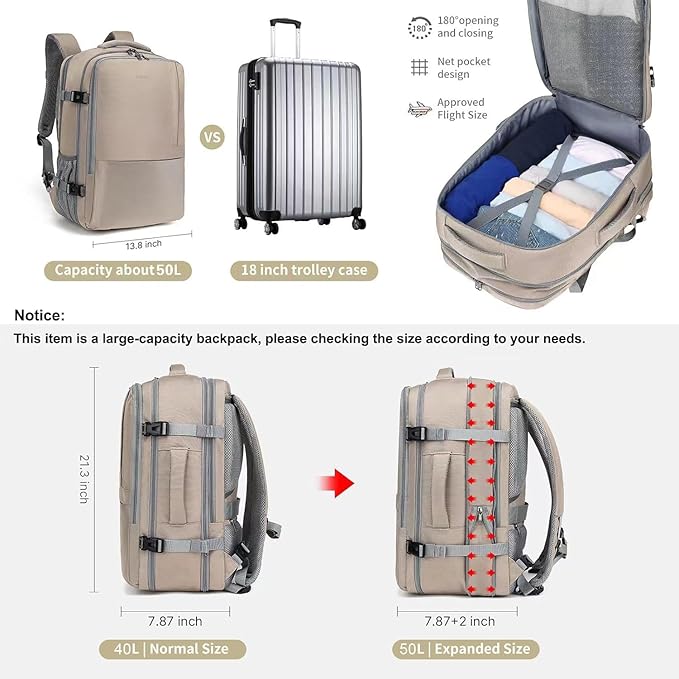 MOLNIA 50L Expandable Travel Backpack for Women Men, Carry On Travel Essentials, Flight Approved Fits 21 Inch Laptop Backpack, Waterproof Business Suitcase Weekender Backpack, Beige - Image 2