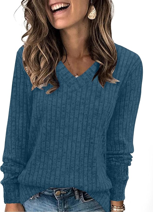 Sampeel V Neck Long Sleeve Shirts for Women Casual Fall Tops Lightweight Tunic Sweaters Fashion Clothes Loose Fit 2025