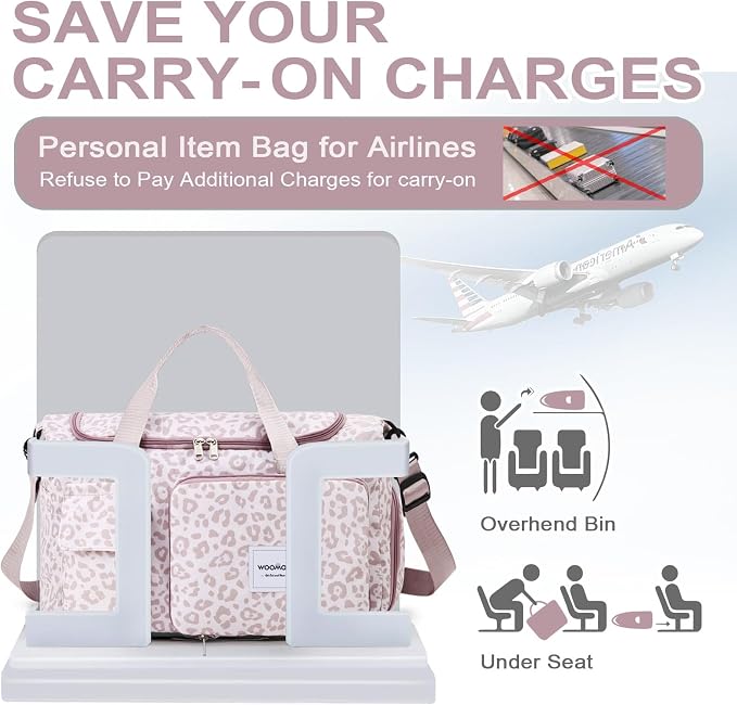 WOOMADA Foldable Travel Duffel Bag with Shoes Compartment, Overnight Bag with Wet Pocket & Trolley Sleeve, Weekender Bags for Women(A-pink leopard) - Image 4