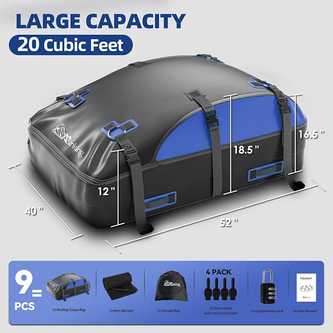 Asinking Car Rooftop Cargo Carrier Bag 20 Cubic Feet, 100% Waterproof Roof Bag Top Luggage Carrier for Any Vehicles with/without Rack Cross Bar, Includes Anti-Slip Mat +4 Door Hooks +Storage Bag +Lock - Image 4