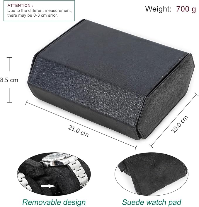 Hiram Genuine Leather Hexagon Watch Roll Travel Case, Leather 6-Watches Roll Case with Removable Pillow Cushion for Treasured Watches and Bracelets-Black - Image 3