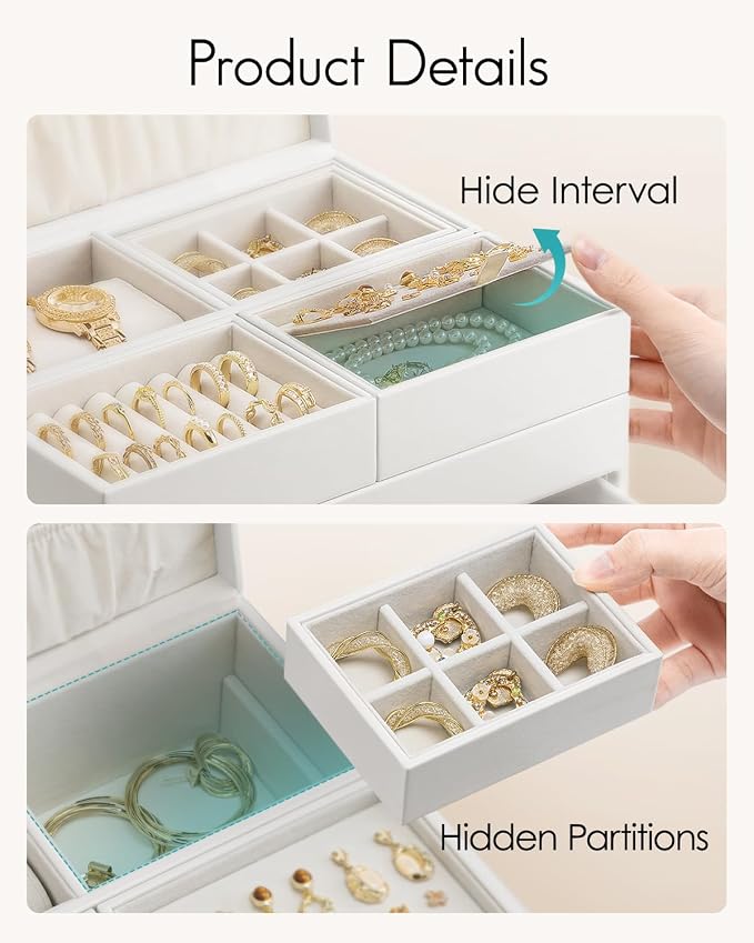 VLANDO 4 Layers Jewelry Box - Women Jewelry Box with Retractable Tray - Jewelry Organizer with Drawer for Necklaces, Rings, Bracelets, Earrings, Gift for Couples Mom Girls - White - Image 5