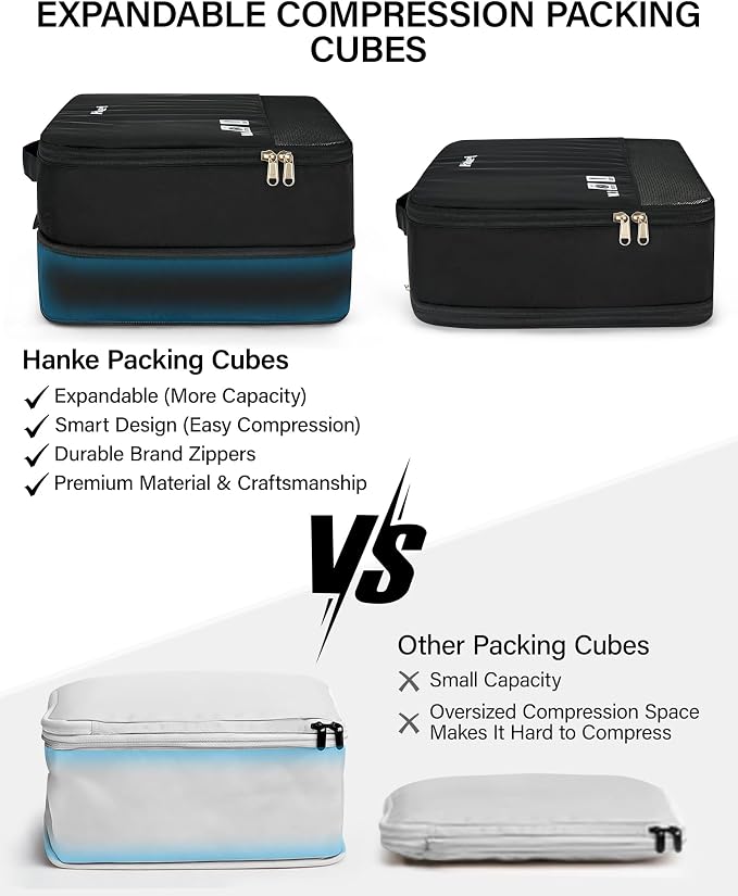 Hanke 7 Piece Expandable Compression Packing Cubes, Premium Travel Packing Organizers for Suitcases/Carry On, Luggage Organizer Bags with Breathable Mesh & Label,Black - Image 2