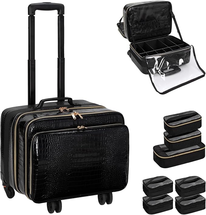 OCHEAL Rolling Makeup Train Case,with 7 Pcs Clear Makeup Bags, 18" Carry On Travel Cosmetic Organizer Suitcase,Extra Large Storage Trolley Makeup Case On Wheels for Hairstylist Cosmetology Artist by OCHEAL